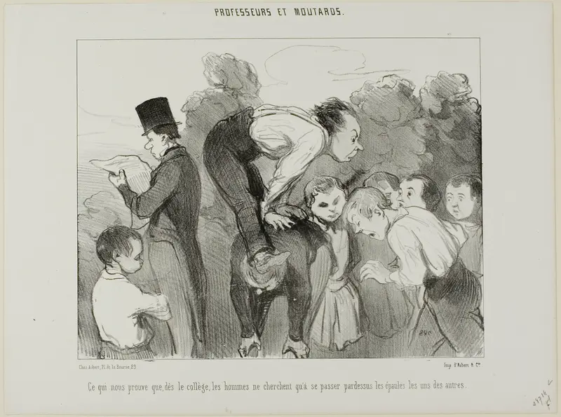 Which proves again that already since high school man supports himself on the shoulders of his kin in order to advance in life, plate 30 from Professeurs Et Moutards