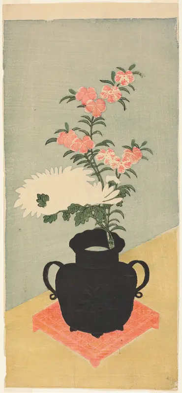 White Chrysanthemums and Pinks in a Black Vase