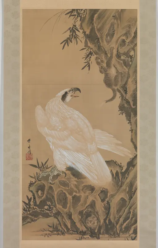 White Eagle Eyeing a Mountain Lion Wall Art by Kawanabe Kyōsai 河鍋暁斎 - High-Resolution Digital Print