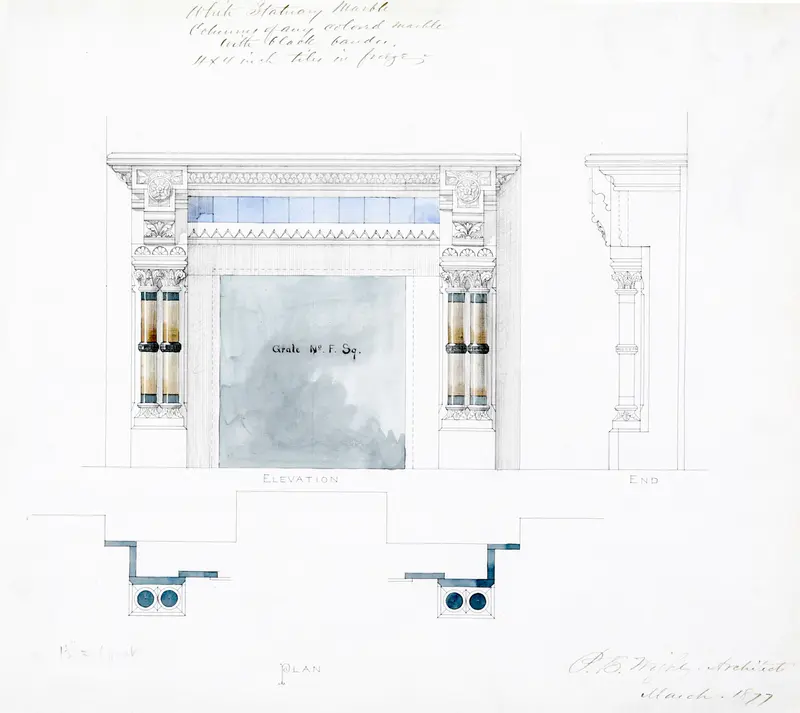 White Statuary Marble Mantel Design, Elevations and Plan