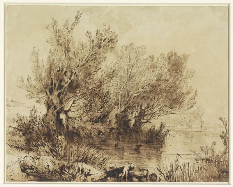 Wilgen aan een meer in zacht glooiend terrein Wall Art by Alexandre Calame - High-Resolution Digital Print