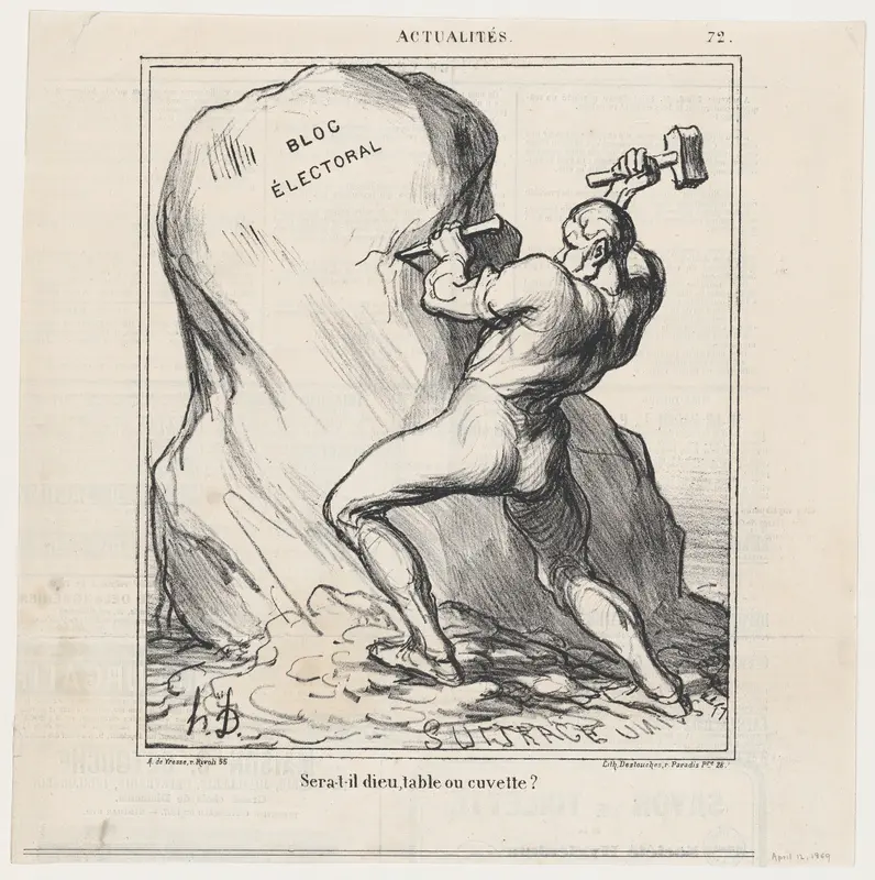Will he be God, a table, or a basin?, from 'News of the day,' published in Le Charivari, April 12, 1869 Wall Art by Honoré Daumier - High-Resolution Digital Print