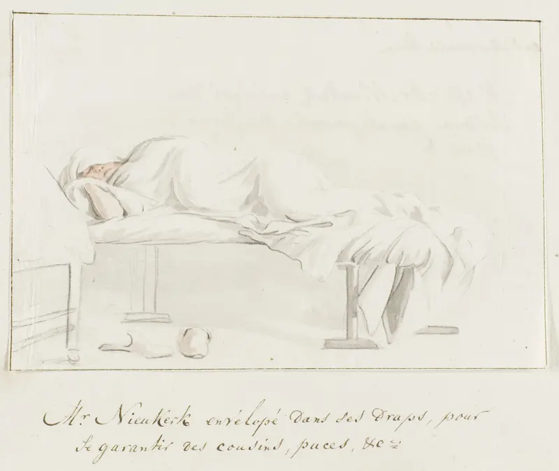 Willem Hendrik van Nieuwerkerke ligt gewikkeld in laken op bed om zich te beschermen tegen muggen en vlooien Wall Art by Louis Ducros - High-Resolution Digital Print