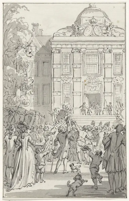 Willem V vertoont zich als Ridder in de Orde van de Kousenband op het bordes van Huis ten Bosch, 1752 Wall Art by Jacobus Buys - High-Resolution Digital Print