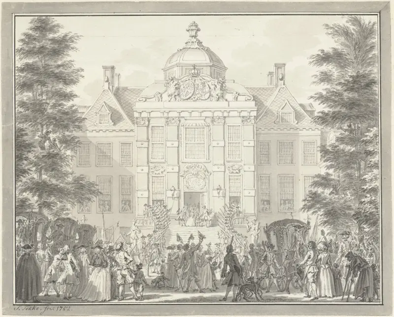 Willem V vertoont zich als Ridder in de Orde van de Kousenband op het bordes van Huis ten Bosch, 1752 Wall Art by Simon Fokke - High-Resolution Digital Print