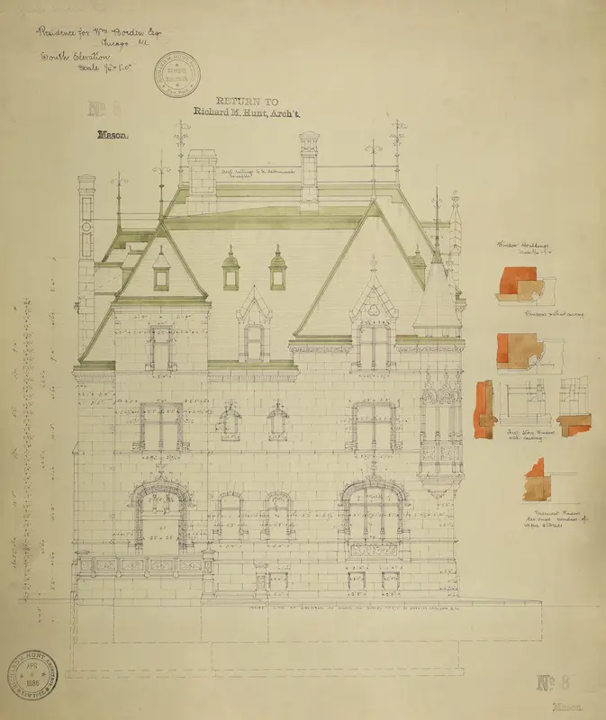 William Borden Residence, Chicago, Illinois, South Elevation Wall Art by Richard Morris Hunt - High-Resolution Digital Print
