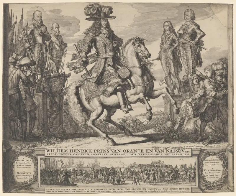William III as Prince of Orange, with the four preceding Stadthouders, William I, Maurice, Frederick Hendrick, William II Wall Art by Romeyn de Hooghe - High-Resolution Digital Print