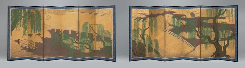 Willow Bridge and Waterwheel Wall Art by Hasegawa Sôya - High-Resolution Digital Print