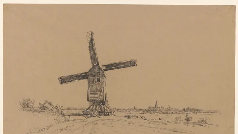 Windmolen, met stad in het verschiet Wall Art by Willem Bastiaan Tholen - High-Resolution Digital Print