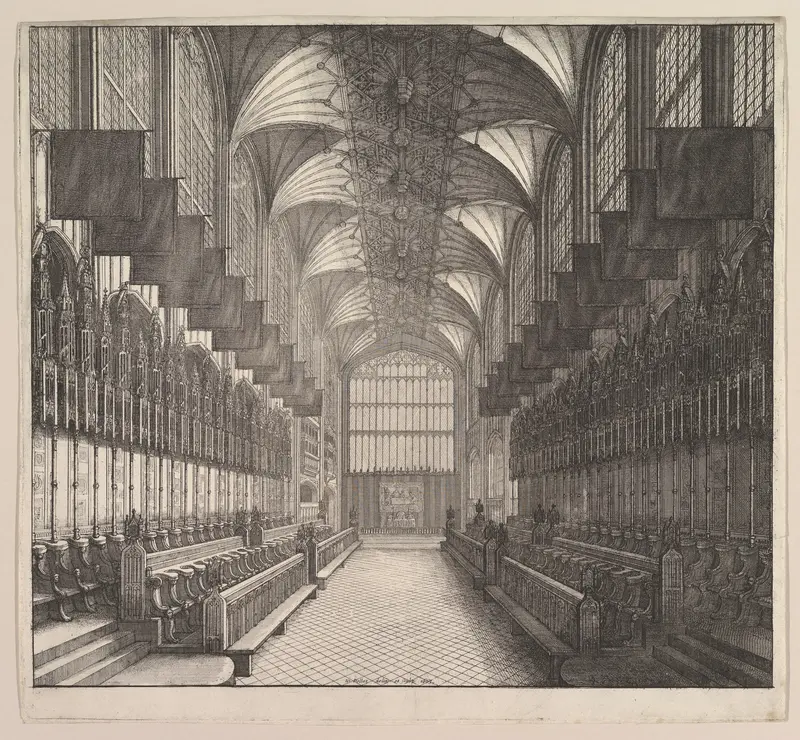 Windsor Castle, St. George's Chapel: Prospect of the Choir, from the West  (from Elias Ashmole's "The Order of the Garter," 1672)