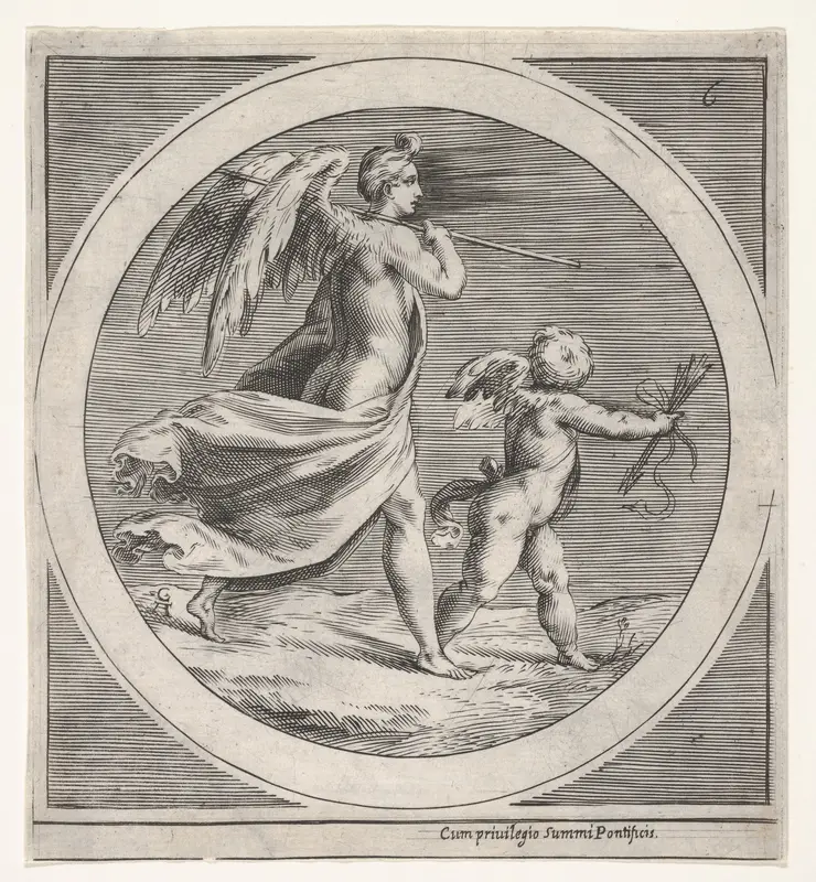 Winged female figure, draped and carrying a staff, striding behind a winged putto, who twists to look over his left shoulder, a round composition Wall Art by Anonymous - High-Resolution Digital Print