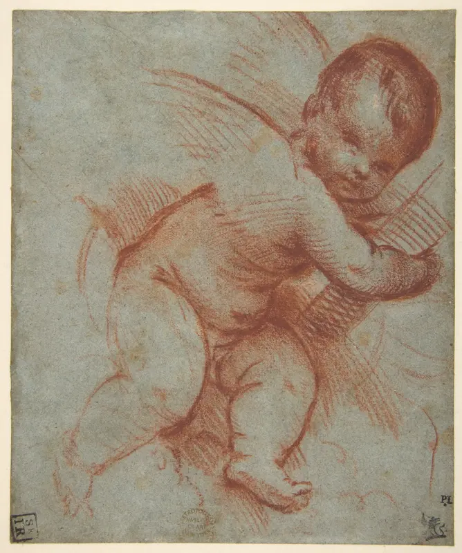 Winged Putto Holding the Base of a Cross Wall Art by Titian (Tiziano Vecellio) - High-Resolution Digital Print