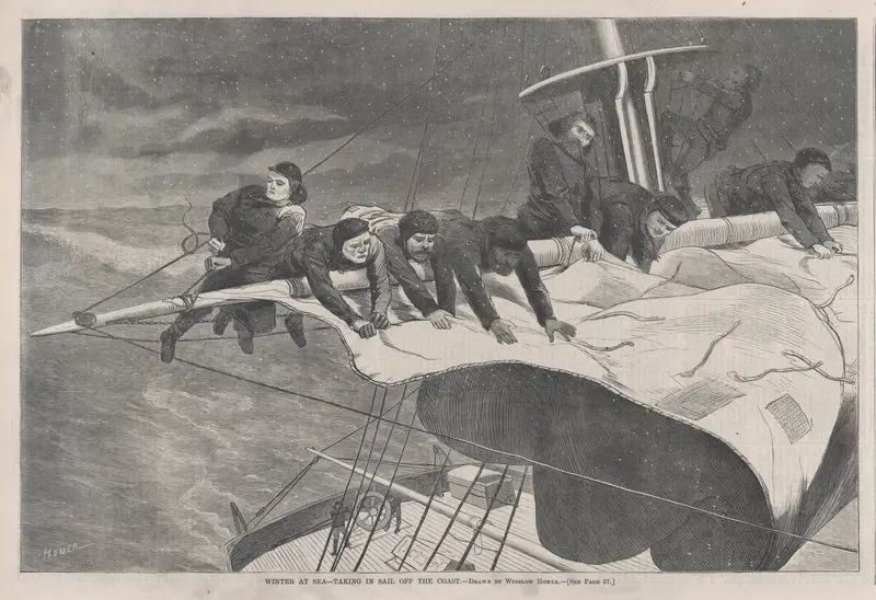 Winter at Sea – Taking in Sail off the Coast (from "Harper's Weekly," Vol. XIII) Wall Art by Winslow Homer - High-Resolution Digital Print