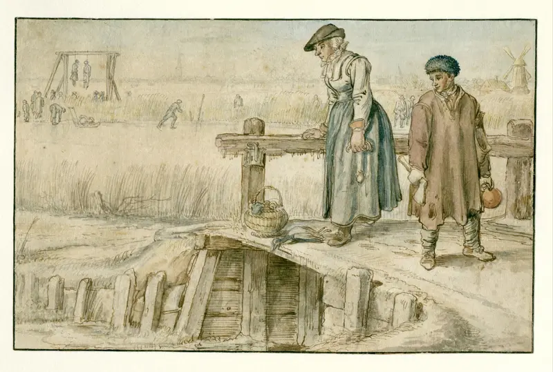 Winter Landscape with a Woman and a Youth on a Small Bridge, Skaters and a Gallows in the Distance Wall Art by Hendrick Avercamp - High-Resolution Digital Print