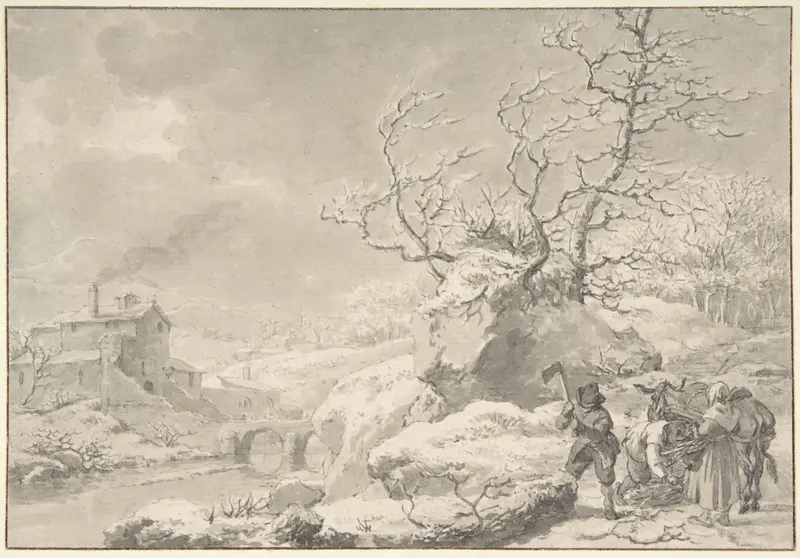 Winter Landscape with Peasants Gathering and Chopping Wood Wall Art by Jacob Cats - High-Resolution Digital Print