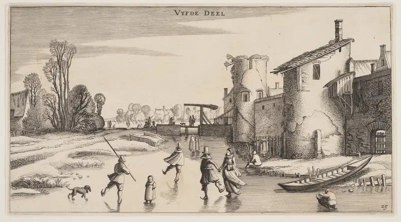 Winter Landscape with Skaters Along a Town-Wall, from Landscapes (Playsante Lantschappen)
