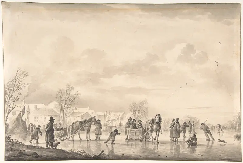 Winter Landscape with Skaters and Horse-Drawn Sledges on the Ice, a Village Below Wall Art by Andries Vermeulen - High-Resolution Digital Print