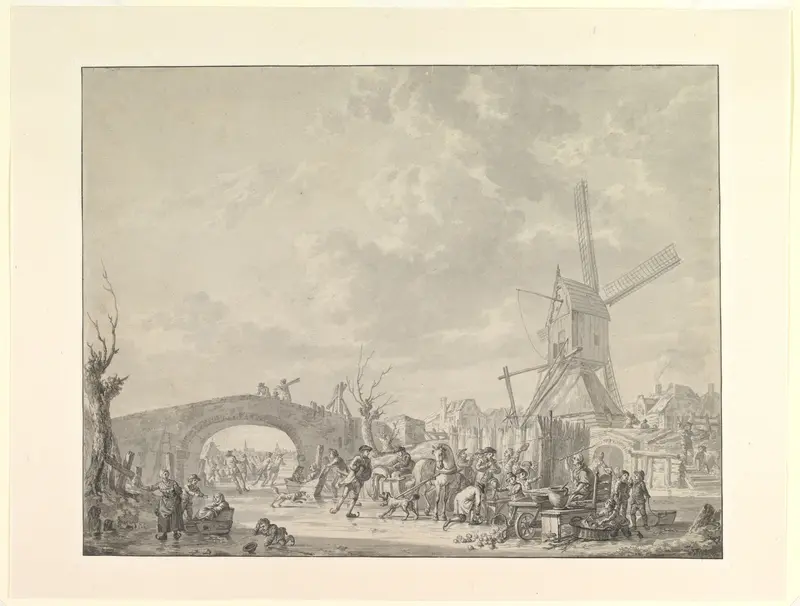 Winter Landscape with Skaters and Sledges on the Ice, a Bridge and a Mill behind Wall Art by Abraham van Strij - High-Resolution Digital Print