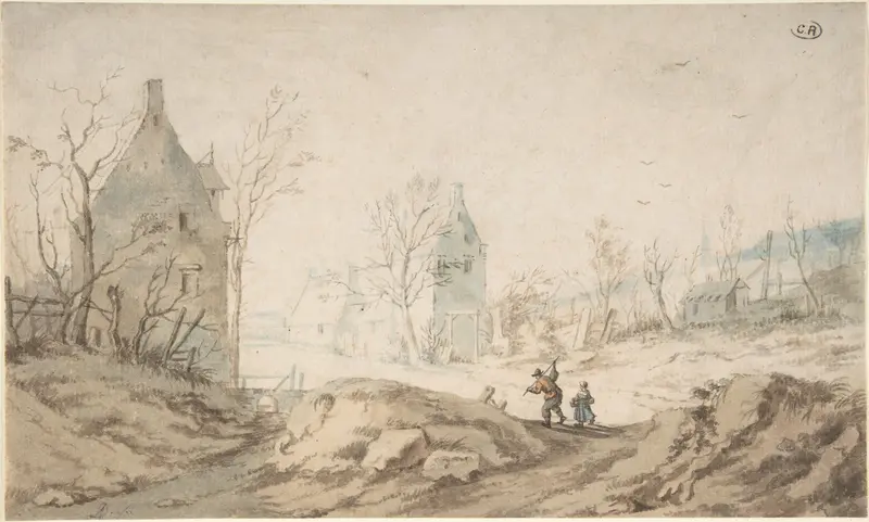 Winter Landscape with Two Peasants Walking Wall Art by August Dahlsteen - High-Resolution Digital Print