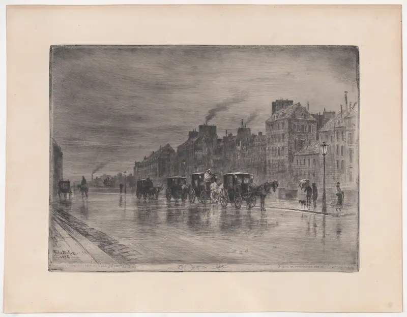 Winter Morning on the Quai de l'Hôtel-Dieu (Cabstand) Wall Art by Félix-Hilaire Buhot - High-Resolution Digital Print