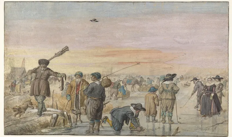 Winter Scene on the Ice, with a Hunter Showing an Otter Wall Art by Hendrick Avercamp - High-Resolution Digital Print