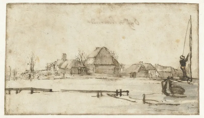 Wintergezicht met een vaart, huizen en twee schepen Wall Art by Rembrandt van Rijn - High-Resolution Digital Print