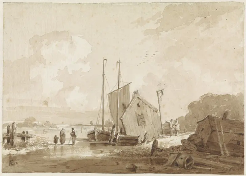 Wintergezicht met figuren bij boten bij een boothuis Wall Art by Adrianus Eversen - High-Resolution Digital Print