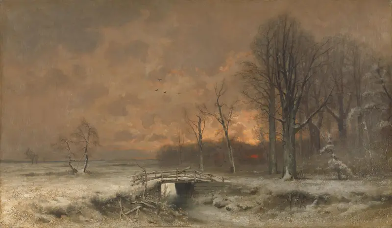 Wintergezicht met ondergaande zon tussen geboomte Wall Art by Louis Apol - High-Resolution Digital Print