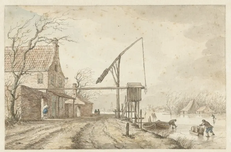 Winterlandschap met huizen en hefboom langs bevroren vaart Wall Art by Jacob Cats (1741-1799) - High-Resolution Digital Print