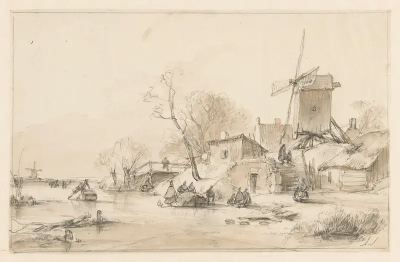Winterlandschap met rechts een molen en enkele huisjes op een dijk Wall Art by Andreas Schelfhout - High-Resolution Digital Print