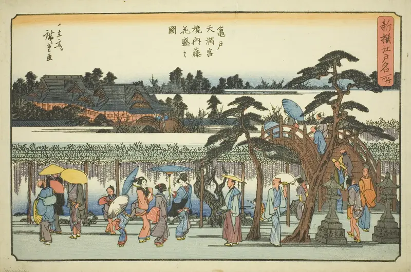 Wisteria in Full Bloom in the Precincts of the Kameido Tenmangu Shrine (Kameido Tenmangu keidai fuji hanazakari no zu), from the series "Newly Selected Famous Places in Edo (Shinsen Edo meisho)"