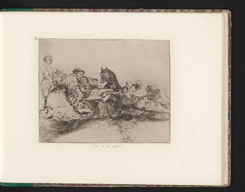 Wolf omringd door geknielde figuren schrijft op een rol Wall Art by Francisco de Goya - High-Resolution Digital Print