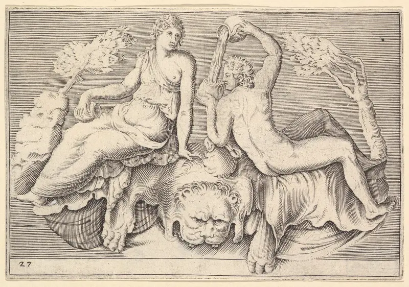 Woman and Man Seated on Lionskin, Man Pouring Wine, from "Ex Antiquis Cameorum et Gemmae Delineata/ Liber Secundus/et ab Enea Vico Parmen Incis" Wall Art by Anonymous, Italian, 16th century - High-Resolution Digital Print
