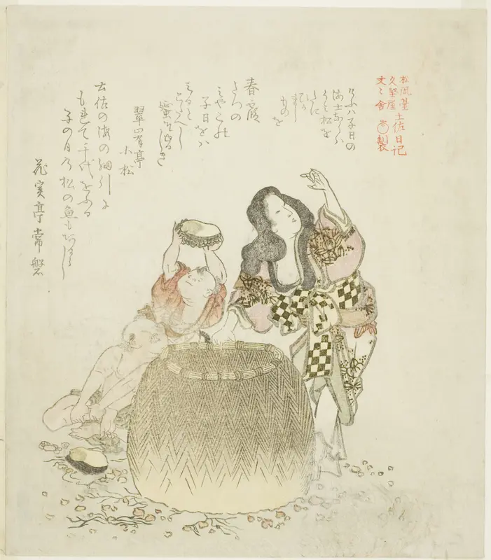 Woman and two boys gathering abalone, from the series "The Tosa Diary (Tosa nikki)" Wall Art by Kubo Shunman - High-Resolution Digital Print