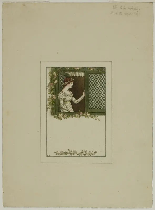 Woman at Lattice Window Wall Art by Kate Greenaway - High-Resolution Digital Print