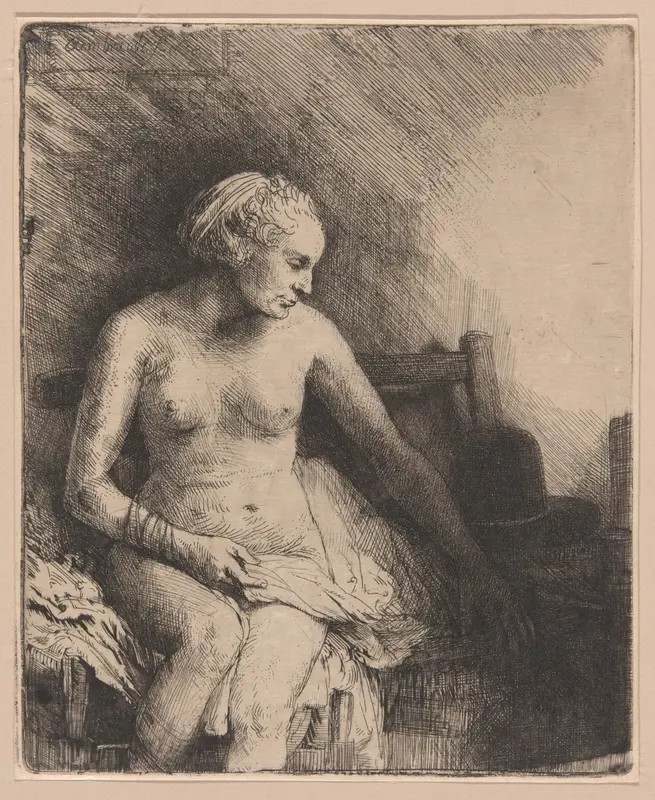 Woman at the Bath with a Hat Beside Her Wall Art by Rembrandt van Rijn - High-Resolution Digital Print