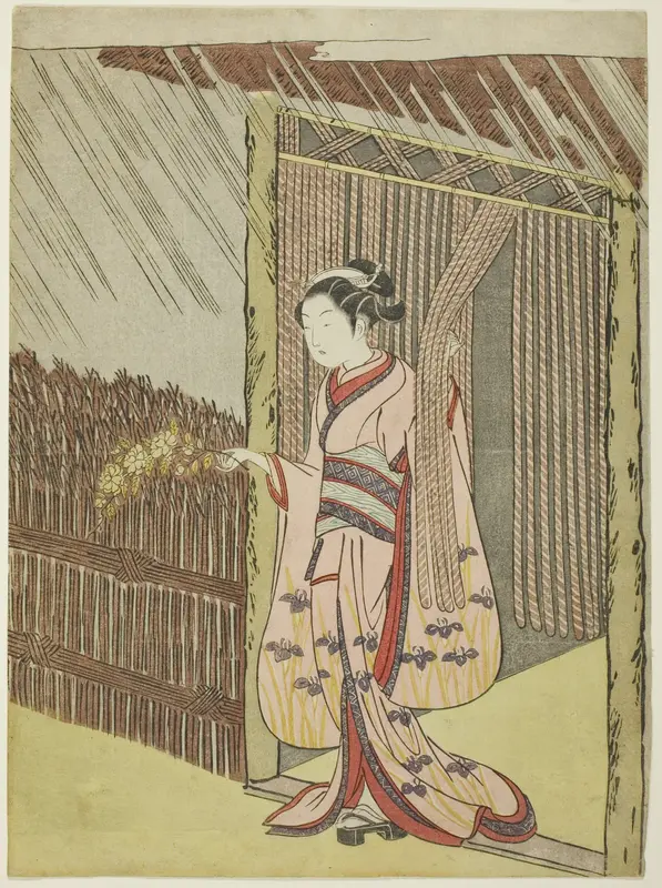 Woman Holding a Branch of Kerria Flowers in the Rain (parody of Ota Dokan)