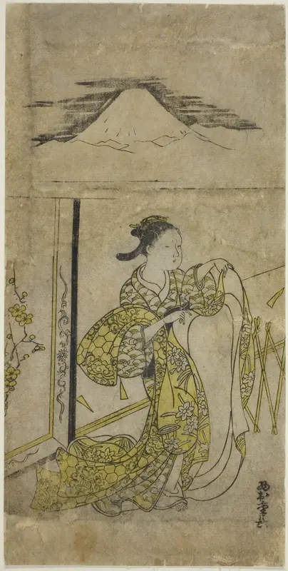 Woman Holding Kimono with Mt. Fuji above Wall Art by Nishimura Shigenaga - High-Resolution Digital Print