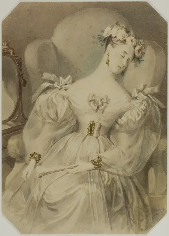Woman in Evening Dress Asleep in Armchair Wall Art by Alfred Edward Chalon - High-Resolution Digital Print