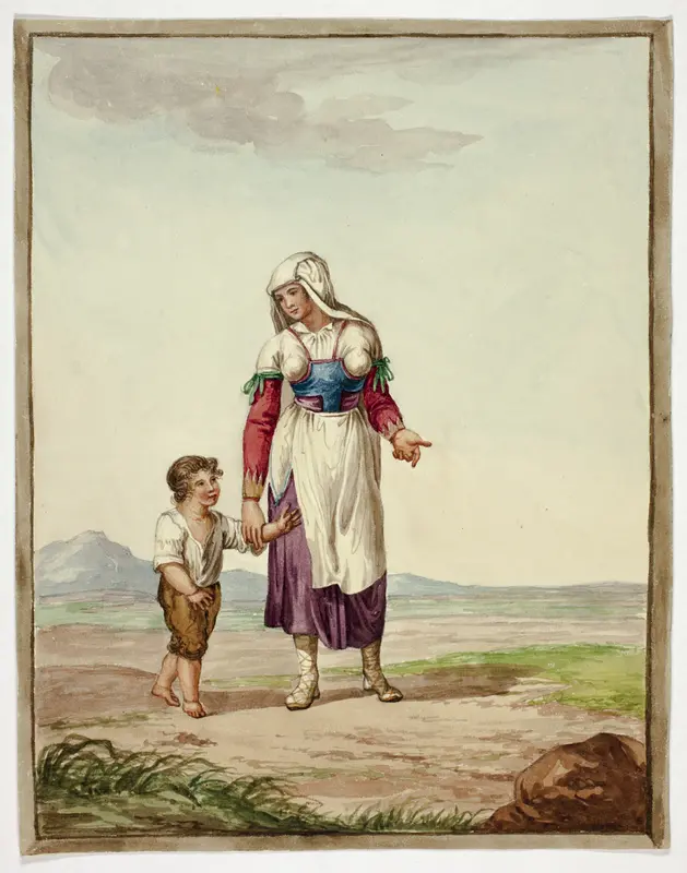 Woman in Native Costume with Boy on Road Wall Art by Bartolomeo Pinelli - High-Resolution Digital Print
