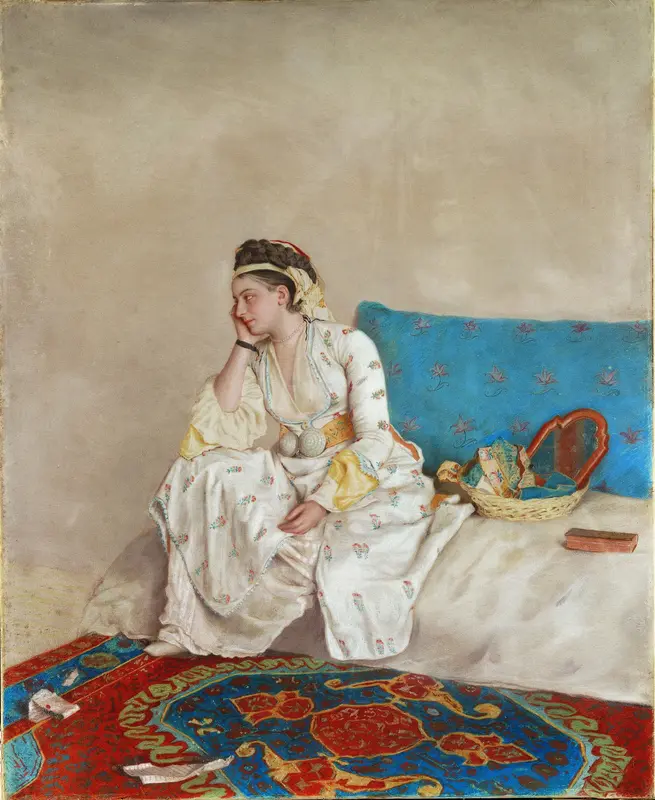 Woman in Turkish Dress, Seated on a Sofa Wall Art by Jean Etienne Liotard - High-Resolution Digital Print