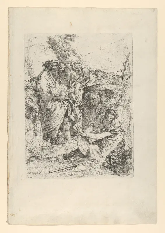 Woman kneeling in front of magicians and other figures, from the Scherzi Wall Art by Giovanni Battista Tiepolo - High-Resolution Digital Print