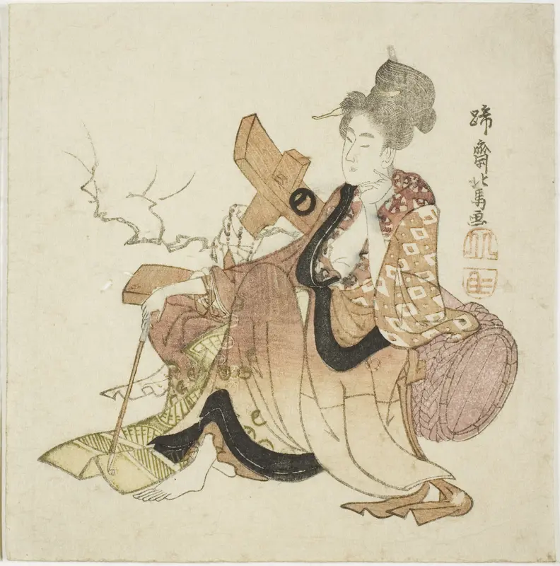 Woman leaning against wine cask, from an untitled series of Eight Immortals of the Wine Cup