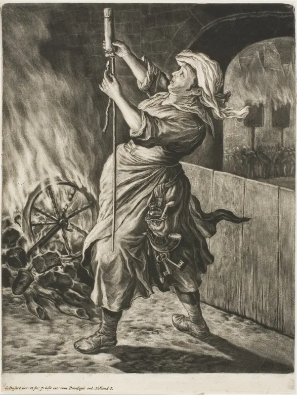 Woman Lighting a Rocket, also called Peace Gets Me Going, from Communia Gaudia (The Wide-Spread Rejoicing at the Siege of Namur) Wall Art by Cornelis Dusart - High-Resolution Digital Print
