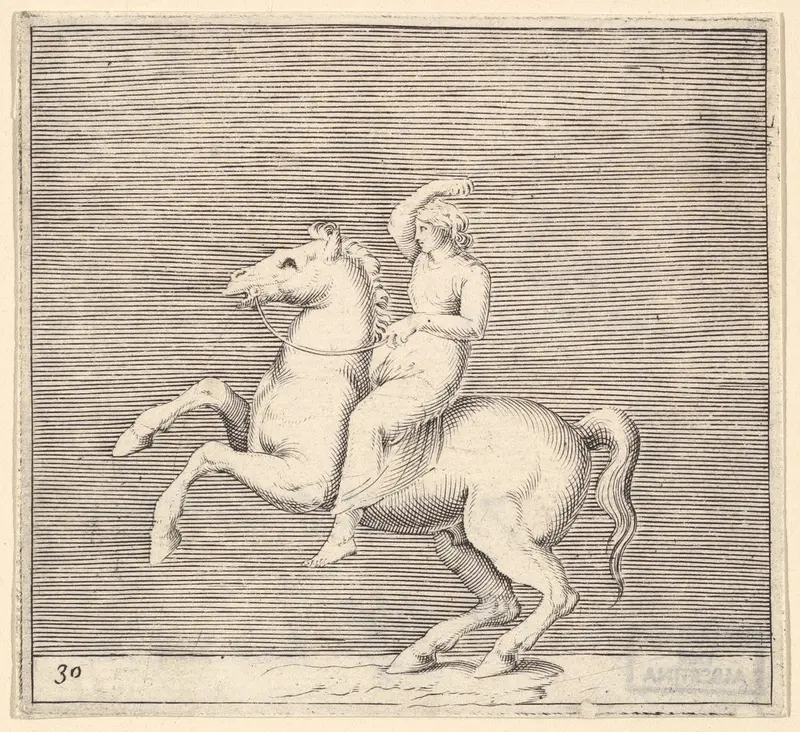 Woman on Rearing Horse, from "Ex Antiquis Cameorum et Gemmae Delineata/ Liber Secundus/et ab Enea Vico Parmen Incis" Wall Art by Anonymous, Italian, 16th century - High-Resolution Digital Print