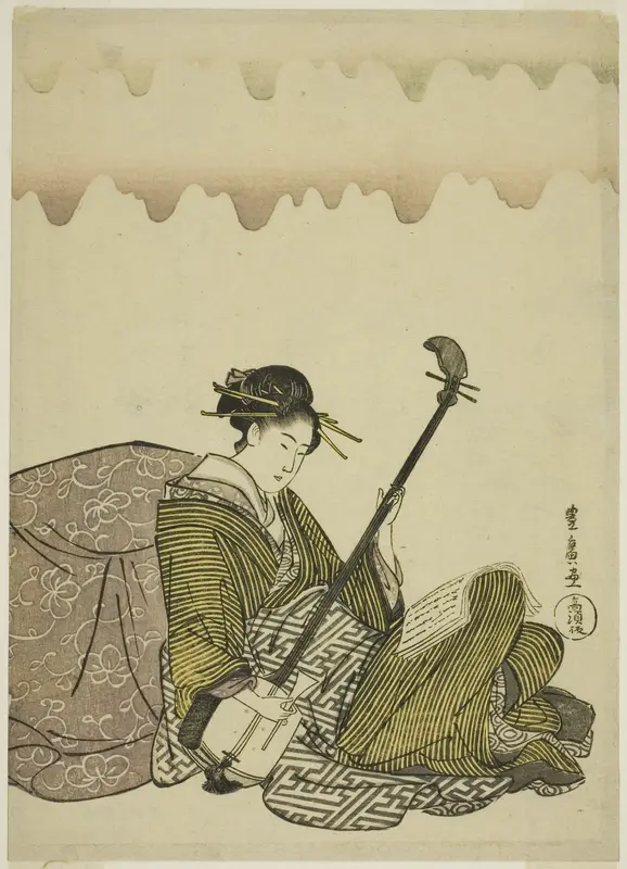 Woman playing shamisen, from an untitled series of women at leisure