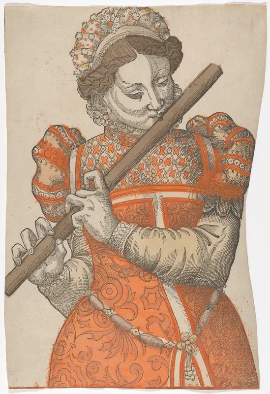 Woman Playing the Flute Wall Art by Anonymous, French, 16th century - High-Resolution Digital Print