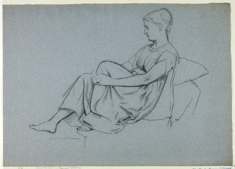Woman Resting Against Pillows Clasping Her Knee Wall Art by Henry Stacy Marks - High-Resolution Digital Print