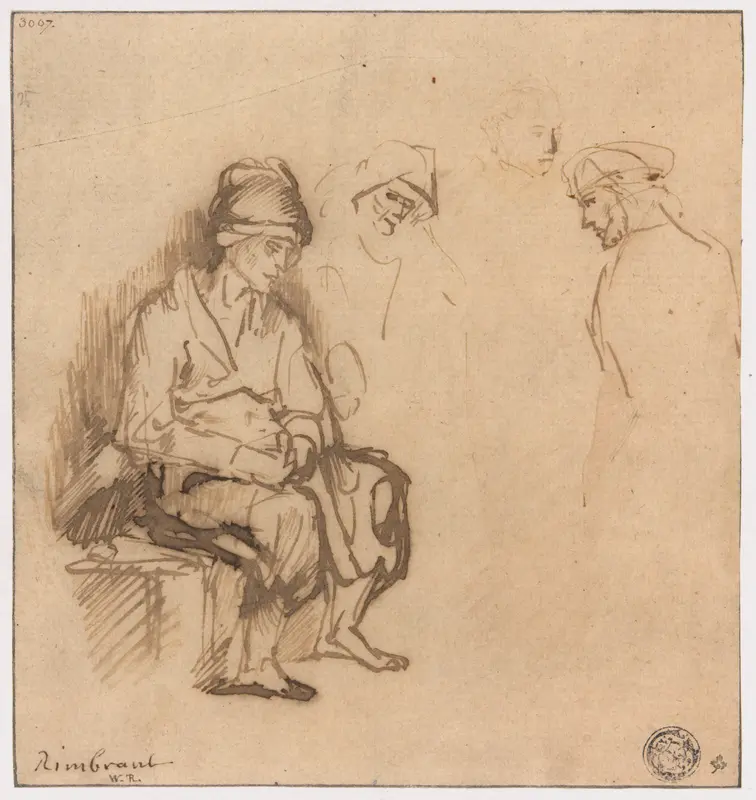 Woman Seated on Bench and Three Sketches of Heads Wall Art by School of Rembrandt van Rijn - High-Resolution Digital Print