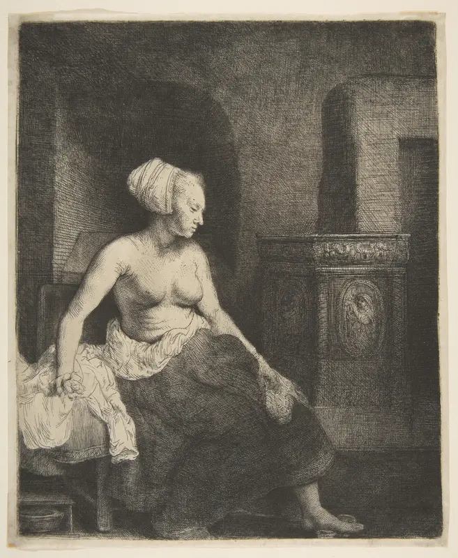 Woman Sitting Half-Dressed beside a Stove Wall Art by Rembrandt (Rembrandt van Rijn) - High-Resolution Digital Print